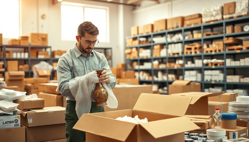 A professional packing expert carefully organizes a variety of delicate items in a well-lit, spacious packing area. In the foreground, the expert, dressed in a neat uniform, is gently wrapping a valuable antique vase with bubble wrap, showcasing expertise and meticulous care. The middle ground features an open packing box surrounded by neatly arranged packing materials like boxes, tape, and packing peanuts, all well-organized. In the background, large shelves are stocked with a range of items, emphasizing a professional and efficient packing environment. Soft, warm lighting creates an inviting atmosphere, highlighting the expert's concentration and the importance of careful handling. A shallow depth of field adds focus to the expert and the delicate vase, reinforcing the theme of packing expertise for valuable items.