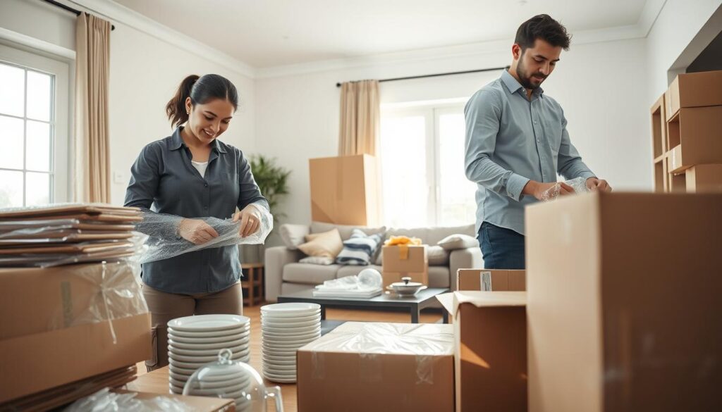 A professional packing service scene in a well-lit living room, showcasing a team of two individuals in modest, professional attire. In the foreground, they are meticulously wrapping fragile items such as dishes and glassware in bubble wrap, with moving boxes stacked nearby. In the middle, the room is partially staged for a move, featuring a couch and a coffee table cluttered with packed boxes and packing materials. The background reveals a bright window letting in natural sunlight, creating a warm and inviting atmosphere. The camera angle captures the detail of the packing process, focusing on the teamwork and efficiency of the movers. The overall mood is industrious yet calm, emphasizing the importance of careful handling during the moving process. A professional packing service scene in a well-lit living room, showcasing a team of two individuals in modest, professional attire. In the foreground, they are meticulously wrapping fragile items such as dishes and glassware in bubble wrap, with moving boxes stacked nearby. In the middle, the room is partially staged for a move, featuring a couch and a coffee table cluttered with packed boxes and packing materials. The background reveals a bright window letting in natural sunlight, creating a warm and inviting atmosphere. The camera angle captures the detail of the packing process, focusing on the teamwork and efficiency of the movers. The overall mood is industrious yet calm, emphasizing the importance of careful handling during the moving process.