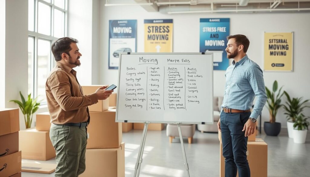 A professional team of movers stands ready in a bright, airy office space, preparing for an upcoming move. In the foreground, two men in smart casual clothing discuss logistics while pointing at a detailed map of Austin and Marble Falls. One holds a smartphone, displaying a moving app. In the middle, a large whiteboard lists moving tasks and timelines, surrounded by neatly stacked moving boxes. Soft, natural light streams in from large windows, creating an inviting atmosphere. The background features a well-organized workspace with office plants and motivational posters about stress-free moving. The overall mood is upbeat, focused, and reassuring, embodying the readiness and efficiency of professional movers. The angle captures the interaction among the team, highlighting teamwork and preparation. A professional team of movers stands ready in a bright, airy office space, preparing for an upcoming move. In the foreground, two men in smart casual clothing discuss logistics while pointing at a detailed map of Austin and Marble Falls. One holds a smartphone, displaying a moving app. In the middle, a large whiteboard lists moving tasks and timelines, surrounded by neatly stacked moving boxes. Soft, natural light streams in from large windows, creating an inviting atmosphere. The background features a well-organized workspace with office plants and motivational posters about stress-free moving. The overall mood is upbeat, focused, and reassuring, embodying the readiness and efficiency of professional movers. The angle captures the interaction among the team, highlighting teamwork and preparation.