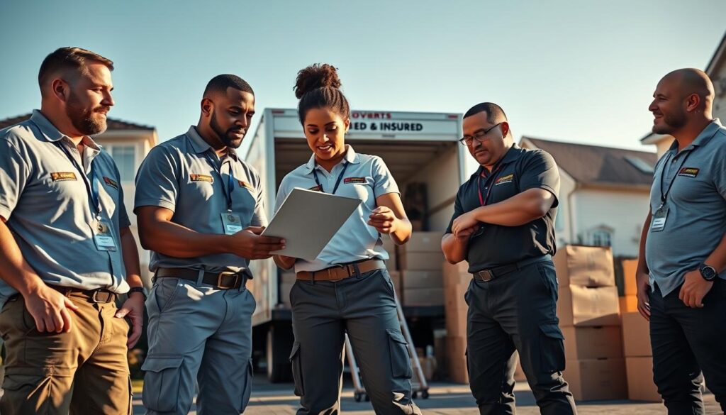 A professional team of movers stands ready, showcasing their credentials with visible badges and uniforms. In the foreground, three diverse movers, a Caucasian man, an African American woman, and an Hispanic man, are engaged in conversation while examining a checklist. They wear branded shirts and cargo pants, reflecting a sense of trust and professionalism. In the middle ground, a moving truck labeled "Licensed & Insured" is parked, surrounded by neatly stacked boxes ready for transport. The background features a suburban neighborhood with well-maintained homes, under a clear blue sky. Soft, warm sunlight casts gentle shadows, creating an inviting atmosphere that conveys reliability and teamwork. The image is captured from a slight low-angle perspective, emphasizing the professionalism of the moving team. A professional team of movers stands ready, showcasing their credentials with visible badges and uniforms. In the foreground, three diverse movers, a Caucasian man, an African American woman, and an Hispanic man, are engaged in conversation while examining a checklist. They wear branded shirts and cargo pants, reflecting a sense of trust and professionalism. In the middle ground, a moving truck labeled "Licensed & Insured" is parked, surrounded by neatly stacked boxes ready for transport. The background features a suburban neighborhood with well-maintained homes, under a clear blue sky. Soft, warm sunlight casts gentle shadows, creating an inviting atmosphere that conveys reliability and teamwork. The image is captured from a slight low-angle perspective, emphasizing the professionalism of the moving team.