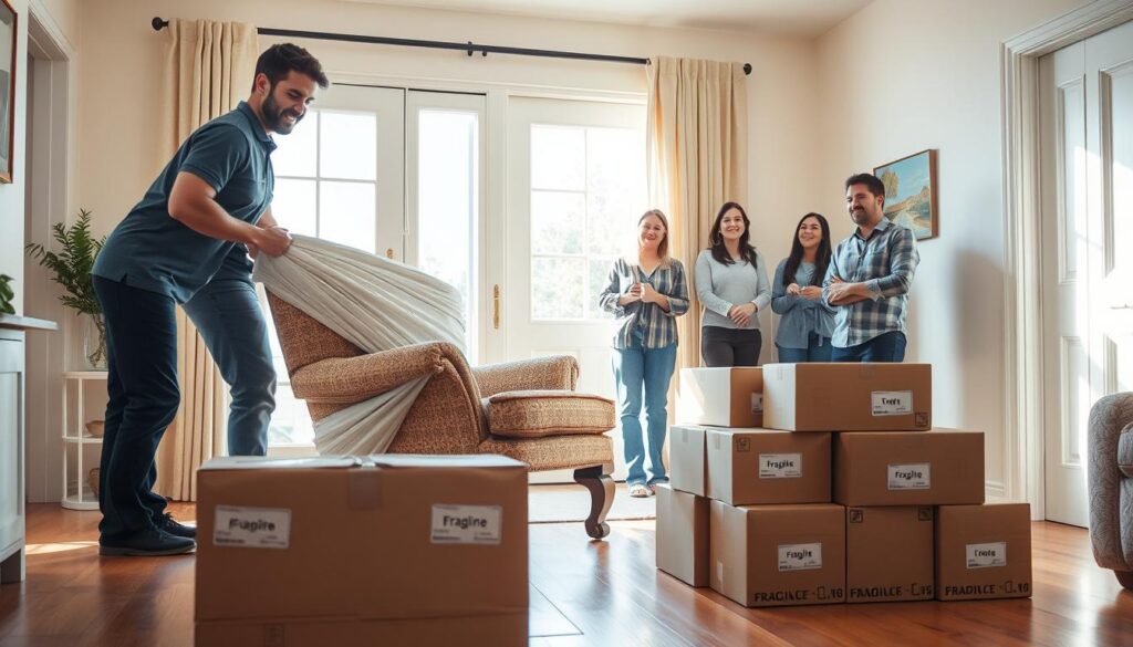 A scene depicting a professional residential moving experience, showcasing a brightly lit environment inside a cozy, well-furnished living room. In the foreground, a friendly moving crew in professional attire carefully wraps and lifts a vintage armchair, demonstrating respect for the homeowner's belongings. In the middle ground, neatly packed boxes labeled with fragile items sit arranged by the door, reflecting organized chaos. Natural light floods in through a large window, highlighting the warmth of the wooden floors and soft pastel walls. In the background, a family watches with relief and appreciation, embodying trust and care during the moving process. The atmosphere is tranquil yet busy, conveying a sense of reliability and professionalism in the moving service.