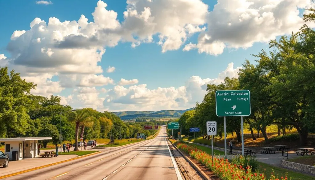 A scenic landscape along the Austin to Galveston route, featuring a well-maintained highway lined with vibrant green trees and colorful wildflowers. In the foreground, a stylish service area with clean restrooms, picnic tables, and shade structures is visible, bustling with families and travelers enjoying their break. The middle ground includes signposts indicating nearby attractions and local eateries, set against the backdrop of a serene blue sky with fluffy, white clouds. In the background, the distant silhouette of rolling hills captures the essence of Texas, bathed in warm, golden sunlight, creating a cheerful and inviting atmosphere. The image should be bright and lively, ideal for conveying the journey's charm and comfort, captured in a dynamic angle to emphasize depth and perspective.