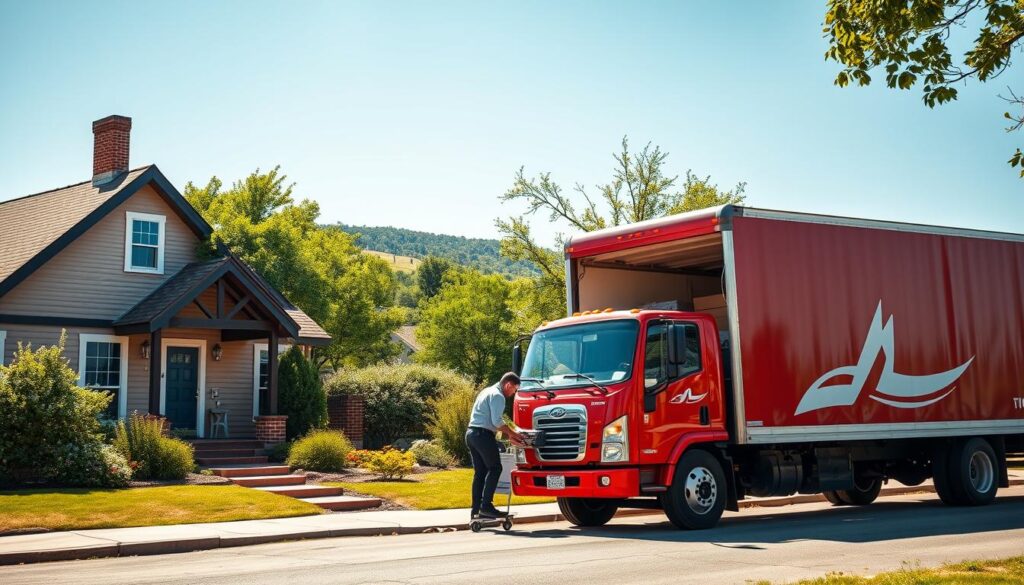 A scenic view of a moving truck in the foreground, parked by a charming house in Liberty Hill, Texas, under a bright blue sky. The truck is a vivid red with the company logo visible, reflecting professionalism. In the middle ground, employees in smart business attire are carefully loading boxes into the truck, showcasing teamwork and efficiency. In the background, the lush greenery of Liberty Hill is visible, along with a hint of rolling hills, contributing to a warm and inviting atmosphere. The lighting is soft and natural, casting gentle shadows that enhance the midday ambiance. The overall mood conveys trust, reliability, and a sense of community, ideal for a trusted moving company in the area.