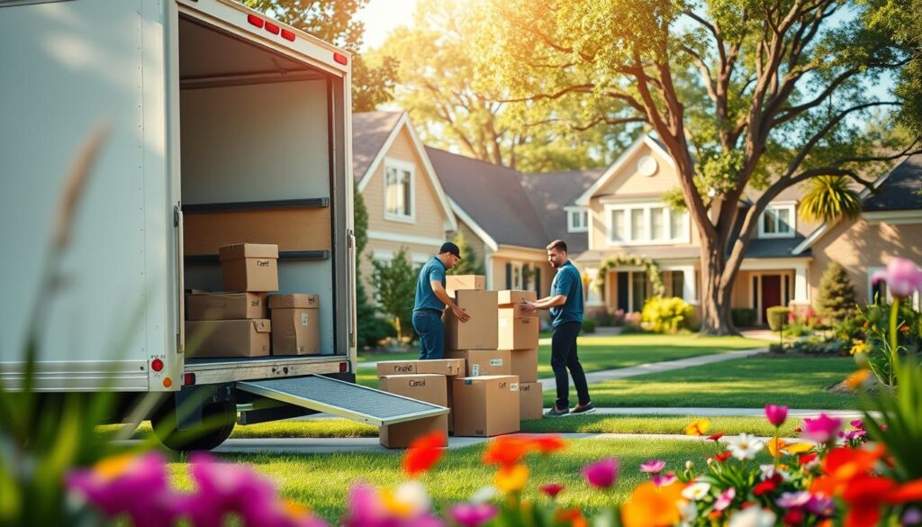 A serene and inviting moving scene depicting a professional moving company in action. In the foreground, a carefully organized truck with the company logo parked outside a charming suburban home, with friendly movers, dressed in smart casual attire, efficiently loading boxes marked with "fragile" and "care" labels. In the middle ground, a lush green yard with colorful flowers frames the scene, evoking a sense of tranquility and professionalism. In the background, soft, warm sunlight filters through trees, casting gentle shadows, while a clear blue sky creates an uplifting atmosphere. The entire composition should convey a stress-free and heavenly moving experience, emphasizing reliability, care, and a smooth transition into a new home, aiming for a soft focus effect to enhance the comforting mood.