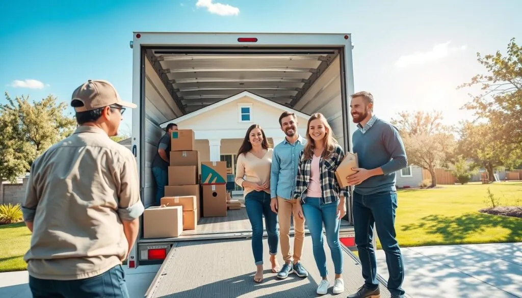 A serene and inviting scene depicting a stress-free moving experience from Austin to College Station. In the foreground, a professional moving team, dressed in modest casual clothing, is carefully loading a well-organized moving truck with neatly packed boxes and colorful moving supplies. In the middle ground, a family of four is joyfully directing the process, their faces reflecting relief and happiness. They stand in front of a bright, welcoming home with a lush green yard, symbolizing a fresh start. In the background, a clear blue sky and soft sunlight filter through scattered trees, creating a warm and positive atmosphere. The composition suggests efficiency and ease, emphasizing a smooth transition for students and families, captured from a slightly elevated angle to provide an encompassing view of the scene.