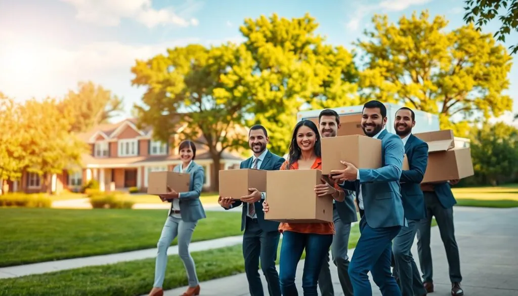 A serene and uplifting scene depicting a professional moving team facilitating a smooth relocation from Austin to Temple. In the foreground, a diverse group of movers in professional business attire shows teamwork, carefully handling boxes and furniture with smiles, exuding trust and expertise. In the middle ground, a bright, modern moving truck is parked beside a picturesque suburban home, emphasizing reliability and care during the moving process. In the background, lush green trees and a clear blue sky create a heavenly atmosphere, illuminated by warm sunlight, highlighting the ease and joy of the relocation experience. The image should evoke feelings of calmness and assurance, capturing the essence of a seamless move. A serene and uplifting scene depicting a professional moving team facilitating a smooth relocation from Austin to Temple. In the foreground, a diverse group of movers in professional business attire shows teamwork, carefully handling boxes and furniture with smiles, exuding trust and expertise. In the middle ground, a bright, modern moving truck is parked beside a picturesque suburban home, emphasizing reliability and care during the moving process. In the background, lush green trees and a clear blue sky create a heavenly atmosphere, illuminated by warm sunlight, highlighting the ease and joy of the relocation experience. The image should evoke feelings of calmness and assurance, capturing the essence of a seamless move.