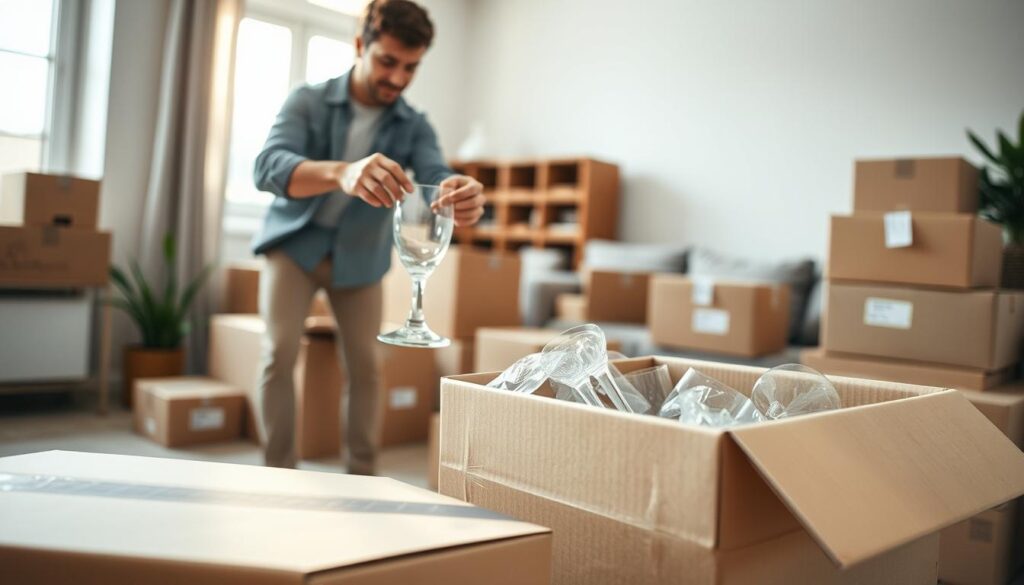 A serene indoor setting featuring a professional mover in modest casual clothing, carefully packing fragile items into a sturdy cardboard box. In the foreground, focus on the mover’s hands as they gently wrap glassware with bubble wrap, highlighting their attention to detail and care. In the middle ground, a selection of packed boxes is neatly arranged, some labeled with tags for organization. The background shows a well-lit living room with soft natural light streaming through a window, illuminating the scene and creating a warm, inviting atmosphere. The overall mood conveys trust and professionalism, emphasizing reliable full-service packing and specialty item care. A serene indoor setting featuring a professional mover in modest casual clothing, carefully packing fragile items into a sturdy cardboard box. In the foreground, focus on the mover’s hands as they gently wrap glassware with bubble wrap, highlighting their attention to detail and care. In the middle ground, a selection of packed boxes is neatly arranged, some labeled with tags for organization. The background shows a well-lit living room with soft natural light streaming through a window, illuminating the scene and creating a warm, inviting atmosphere. The overall mood conveys trust and professionalism, emphasizing reliable full-service packing and specialty item care.