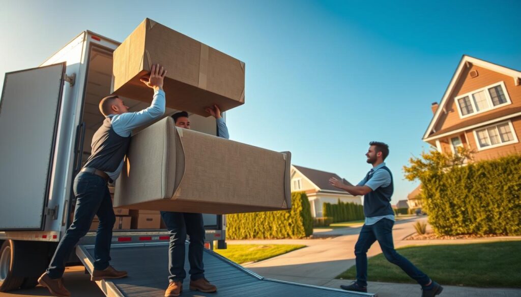 A serene moving scene depicting a professional team of movers carefully loading furniture into a moving truck. In the foreground, two movers in professional attire are lifting a large sofa, their expressions focused and collaborative. In the middle ground, a well-organized truck is open, showcasing neatly packed boxes and equipment, all labeled for easy transport. The background features a residential neighborhood with well-kept lawns and neatly trimmed hedges under a clear blue sky. Soft, warm sunlight bathes the scene, creating a sense of calm and professionalism. The angle captures a dynamic view of the start of the moving process, emphasizing careful handling and teamwork. Ideal for conveying the essence of a smooth and careful moving experience.