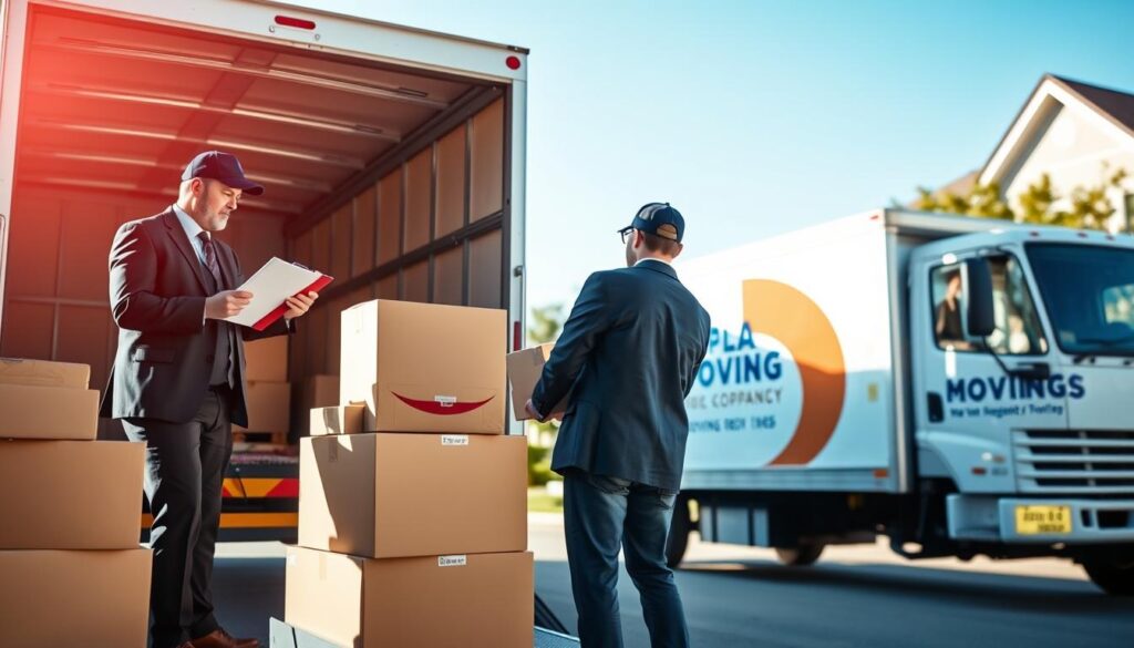 A serene moving scene depicting two professional movers in business attire carefully loading boxes into a moving truck. In the foreground, the movers are interacting, one checking items off a clipboard while the other lifts a box. In the middle ground, a clean and organized truck is parked, showcasing the logo of a reputable moving company. The background features a clear blue sky over a charming suburban neighborhood, with trees and houses painted in soft pastel colors, reflecting a warm and welcoming atmosphere. The lighting is bright and natural, emphasizing a daytime setting that conveys trust and reliability. The image captures the essence of an efficient moving experience from Austin to Hutto. A serene moving scene depicting two professional movers in business attire carefully loading boxes into a moving truck. In the foreground, the movers are interacting, one checking items off a clipboard while the other lifts a box. In the middle ground, a clean and organized truck is parked, showcasing the logo of a reputable moving company. The background features a clear blue sky over a charming suburban neighborhood, with trees and houses painted in soft pastel colors, reflecting a warm and welcoming atmosphere. The lighting is bright and natural, emphasizing a daytime setting that conveys trust and reliability. The image captures the essence of an efficient moving experience from Austin to Hutto.