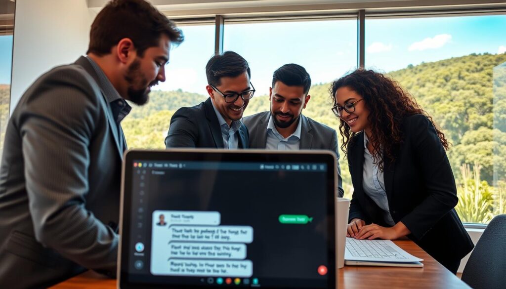 A serene office environment showcasing a diverse group of three professionals in business attire engaged in a focused discussion over a computer screen. In the foreground, a laptop displays a live messaging application with real-time updates visible on the screen, indicating trust and open communication. In the middle, the team leans in, expressing collaboration and attentiveness, with palpable expressions of confidence and understanding. In the background, a large window reveals a lush Hill Country landscape, vibrant with greenery and a bright blue sky, symbolizing the region's natural beauty and reliability. Soft, natural lighting bathes the scene, creating an inviting atmosphere, while a slightly elevated angle captures both the professionals’ expressions and the modern workspace details, conveying a sense of efficiency and trustworthiness. A serene office environment showcasing a diverse group of three professionals in business attire engaged in a focused discussion over a computer screen. In the foreground, a laptop displays a live messaging application with real-time updates visible on the screen, indicating trust and open communication. In the middle, the team leans in, expressing collaboration and attentiveness, with palpable expressions of confidence and understanding. In the background, a large window reveals a lush Hill Country landscape, vibrant with greenery and a bright blue sky, symbolizing the region's natural beauty and reliability. Soft, natural lighting bathes the scene, creating an inviting atmosphere, while a slightly elevated angle captures both the professionals’ expressions and the modern workspace details, conveying a sense of efficiency and trustworthiness.