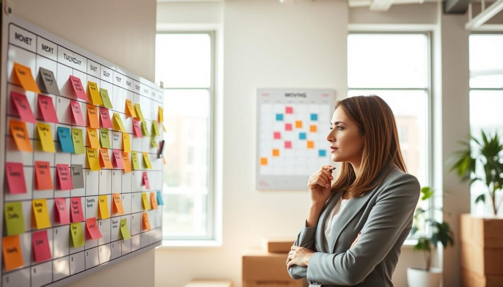 A serene office environment showcasing a scheduling board filled with colorful sticky notes and various time slots for moving dates. In the foreground, a professional woman in business attire is thoughtfully examining the schedule, with a pen in hand, indicating her intent to plan. The middle ground features a large calendar on the wall displaying upcoming months with highlighted dates. In the background, large windows let in soft, natural light, illuminating the space and creating a warm, inviting atmosphere. The scene conveys a sense of organization and clarity, symbolizing the importance of flexible scheduling options for moving services. The overall mood is calm and productive, suggesting efficiency and careful planning.