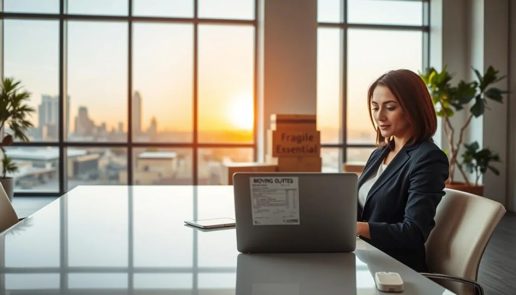 A serene office setting showcasing a professional moving company atmosphere. In the foreground, a confident businesswoman in professional attire sits at a sleek desk, reviewing a detailed moving quote on a laptop. The middle ground features a well-organized workspace with moving boxes labeled 'Fragile' and 'Essential' stacked neatly, representing a stress-free moving experience. In the background, large windows reveal a sunny Austin skyline merging into the Lubbock landscape, symbolizing the journey between the two cities. Soft natural lighting creates an inviting ambiance, and a subtle depth of field highlights the quote on the screen. The overall mood is one of calm professionalism and trust, emphasizing clarity and preparation for a long-distance move.