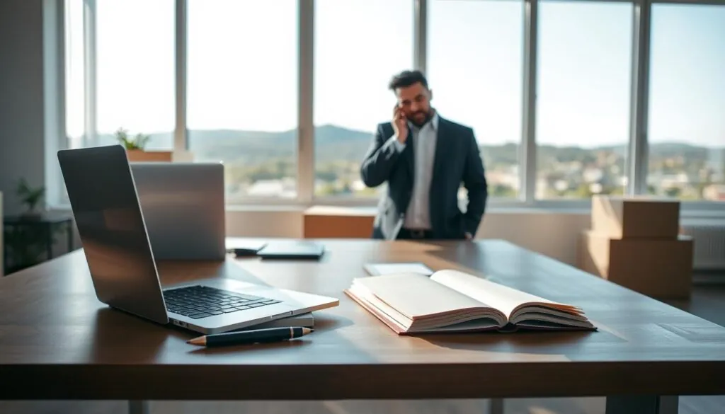 A serene office setting with a wooden desk in the foreground, showcasing a neatly organized workspace featuring a laptop, a pen, and an open notebook displaying notes. In the middle ground, include a friendly, professional-looking person in business attire, attentively discussing a custom moving quote with an unseen client on the phone. The background reveals a large window overlooking a bright, sunny landscape of Austin, Texas, with distant hills and a clear blue sky. Soft, natural light pours in, creating a warm and inviting atmosphere. The focus should highlight the interaction and professionalism of the moving service, and the overall mood is optimistic and reassuring, emphasizing trust and clarity in the moving process.