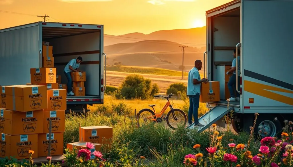 A serene, picturesque scene depicting the "Heavenly Moving Process," where a friendly, professional moving crew in modest casual clothing carefully packs belongings into a stylish moving truck. In the foreground, vibrant, well-organized boxes labeled with cheerful graphics are stacked neatly, symbolizing an efficient move. The middle ground features the moving crew working harmoniously, surrounded by lush greenery and blooming wildflowers, emblematic of the connection to nature and tranquility. In the background, rolling hills of the Texas countryside glisten under a warm, golden sunset, casting soft, diffused light that creates a peaceful atmosphere. The scene conveys a sense of ease, joy, and reliability, inviting readers into a stress-free moving experience. A serene, picturesque scene depicting the "Heavenly Moving Process," where a friendly, professional moving crew in modest casual clothing carefully packs belongings into a stylish moving truck. In the foreground, vibrant, well-organized boxes labeled with cheerful graphics are stacked neatly, symbolizing an efficient move. The middle ground features the moving crew working harmoniously, surrounded by lush greenery and blooming wildflowers, emblematic of the connection to nature and tranquility. In the background, rolling hills of the Texas countryside glisten under a warm, golden sunset, casting soft, diffused light that creates a peaceful atmosphere. The scene conveys a sense of ease, joy, and reliability, inviting readers into a stress-free moving experience.
