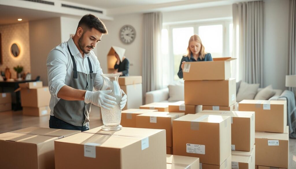 A serene, well-lit moving room scene, showcasing professional movers using white gloves to meticulously pack elegant household items into pristine boxes. In the foreground, a diverse team of two movers—one male and one female—dressed in crisp business casual attire, carefully wrap a delicate vase with bubble wrap, ensuring its safety. The middle ground features an organized collection of packed boxes, each labeled for easy unpacking, creating a sense of order and efficiency. The background reveals a stylish, modern living room with minimalistic decor, sunlight streaming through large windows, adding warmth to the atmosphere. The overall mood conveys professionalism, attention to detail, and a commitment to high-quality service, emphasizing the white glove packing experience.