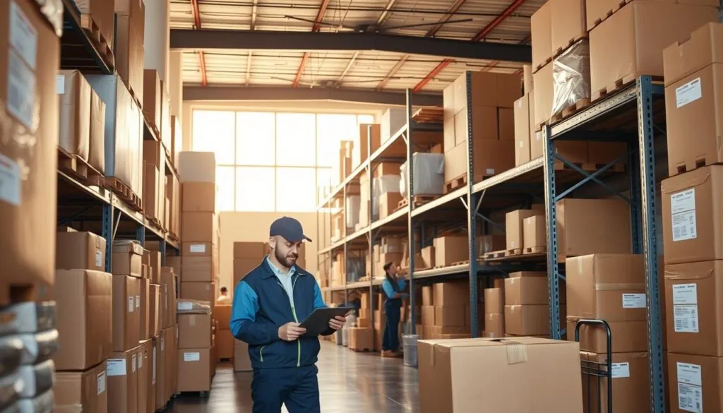A spacious and clean moving storage facility filled with neatly stacked storage containers and boxes. In the foreground, a professional mover in a blue uniform is organizing items, ensuring everything is in place, while a second mover checks inventory on a tablet. The middle layer features rows of robust steel shelving holding miscellaneous household items, furniture, and packing supplies. In the background, large windows allow warm sunlight to flood in, creating a bright, inviting atmosphere. A soft-focus effect enhances the depth, with a slight perspective tilt to suggest the facility's size. The mood is efficient and organized, conveying a sense of flexibility and reliability for those seeking moving storage options.