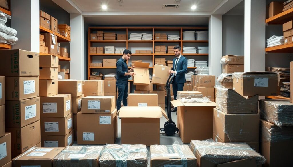A spacious and organized moving storage space filled with thoughtfully packed boxes and protective wraps. In the foreground, well-labeled cardboard boxes of various sizes neatly stacked and a few opened boxes showcasing fragile items like glassware, all secured in bubble wrap. In the middle ground, a team of two professional movers in smart casual attire carefully handling items and arranging boxes on a dolly cart, displaying teamwork and efficiency. The background features wooden shelves filled with neatly organized packing supplies like tape, markers, and padding material. Soft, diffused lighting brightens the scene, enhancing a sense of safety and care. The overall atmosphere is calm and reassuring, conveying a stress-free preparation for long-distance moving.