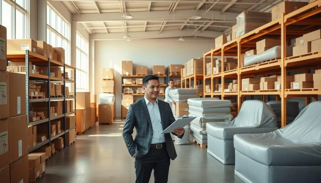 A spacious, clean storage facility filled with neatly arranged wooden shelves stocked with various boxes, labeled and organized for easy access. In the foreground, a professional, well-dressed moving consultant stands confidently, reviewing a clipboard, embodying the essence of reliable service. The middle ground features stacks of boxes and furniture covered in protective wraps, demonstrating the importance of safe storage. The background showcases large, bright windows allowing daylight to flood the room, casting soft shadows that create an inviting atmosphere. The overall mood is one of efficiency, professionalism, and trust, captured with a warm and natural lighting scheme to evoke comfort and security. The image is framed from a slightly elevated angle for a comprehensive view of the storage space, ensuring a clean and clear composition. A spacious, clean storage facility filled with neatly arranged wooden shelves stocked with various boxes, labeled and organized for easy access. In the foreground, a professional, well-dressed moving consultant stands confidently, reviewing a clipboard, embodying the essence of reliable service. The middle ground features stacks of boxes and furniture covered in protective wraps, demonstrating the importance of safe storage. The background showcases large, bright windows allowing daylight to flood the room, casting soft shadows that create an inviting atmosphere. The overall mood is one of efficiency, professionalism, and trust, captured with a warm and natural lighting scheme to evoke comfort and security. The image is framed from a slightly elevated angle for a comprehensive view of the storage space, ensuring a clean and clear composition.