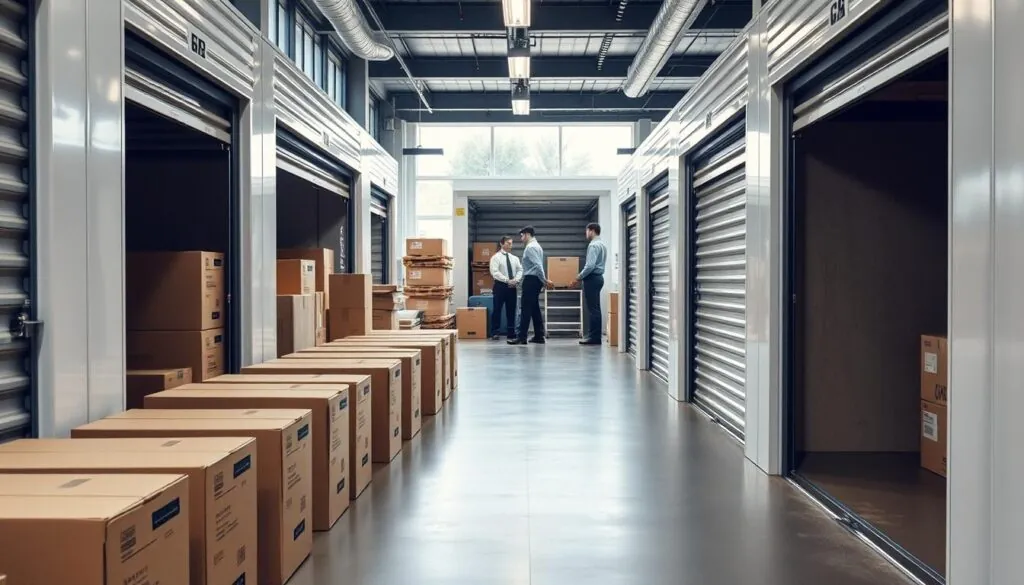 A spacious, modern storage facility with rows of neatly organized storage units in the foreground, showcasing a variety of sized boxes and furniture items carefully packed. In the middle ground, a professional moving team, dressed in smart uniforms, is loading items into a climate-controlled storage unit, highlighting secure and efficient storage services. The background features a well-lit, clean environment with large windows allowing natural daylight to pour in, enhancing the feeling of security and safety. The atmosphere conveys professionalism and reliability, evoking a sense of peace of mind for both short- and long-term storage needs. The scene is captured in a wide-angle shot to emphasize the spaciousness and efficiency of the storage facilities. A spacious, modern storage facility with rows of neatly organized storage units in the foreground, showcasing a variety of sized boxes and furniture items carefully packed. In the middle ground, a professional moving team, dressed in smart uniforms, is loading items into a climate-controlled storage unit, highlighting secure and efficient storage services. The background features a well-lit, clean environment with large windows allowing natural daylight to pour in, enhancing the feeling of security and safety. The atmosphere conveys professionalism and reliability, evoking a sense of peace of mind for both short- and long-term storage needs. The scene is captured in a wide-angle shot to emphasize the spaciousness and efficiency of the storage facilities.