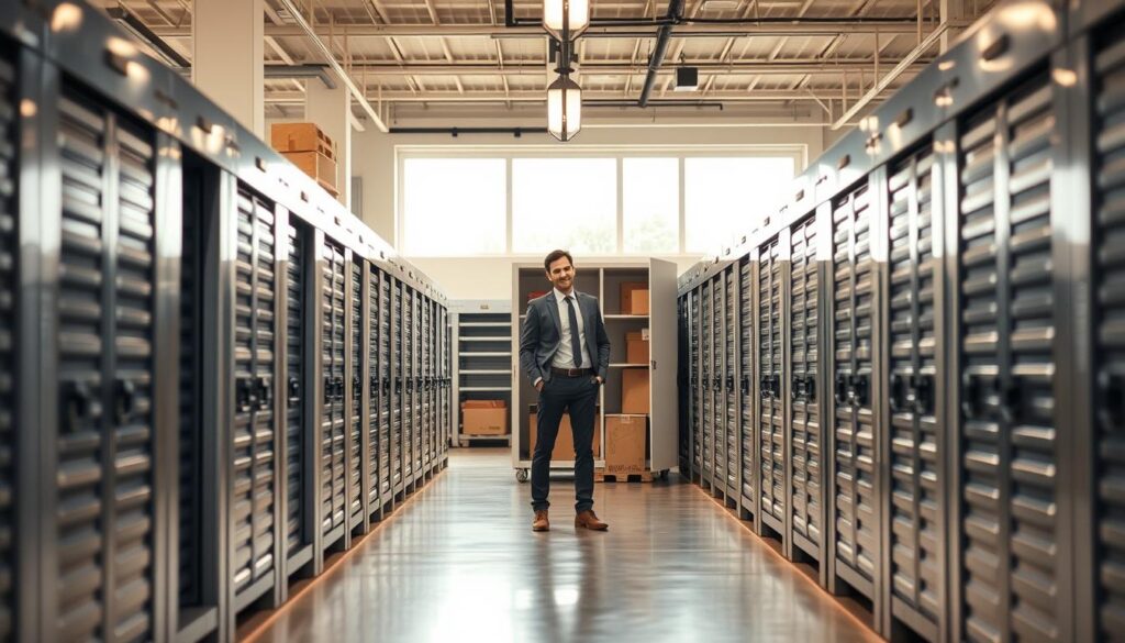 A spacious, well-organized storage facility with a variety of neatly arranged storage units in the foreground, showcasing both small and large lockers. In the middle ground, a friendly professional wearing smart casual attire is inspecting the contents of a storage unit, looking satisfied with the flexibility of the available options. The background features a bright, well-lit interior illuminated by soft overhead lighting, creating a welcoming atmosphere. Large storage windows allow natural light to filter in, adding warmth to the scene. Capture this from a slightly elevated angle, emphasizing the organized layout and the sense of security. The mood should feel reassuring and efficient, highlighting the concept of flexible storage solutions for anyone needing extra time during a move.