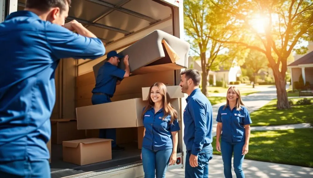 A trained moving crew, consisting of three professionals in smart blue uniforms, is carefully packing furniture into a moving truck parked outside a cozy suburban home. The scene is set in the foreground with bright sunlight illuminating their focused faces. In the middle ground, the crew members are lifting a sofa with proper technique, showcasing their dedication and skill. Nearby, a friendly family looks on, highlighting the trust built between them and the movers. In the background, the peaceful residential neighborhood is visible, with green lawns and trees lining the street, creating a warm, inviting atmosphere. The image captures a sense of professionalism, teamwork, and care, conveying a reliable moving experience without any distractions like text or logos.