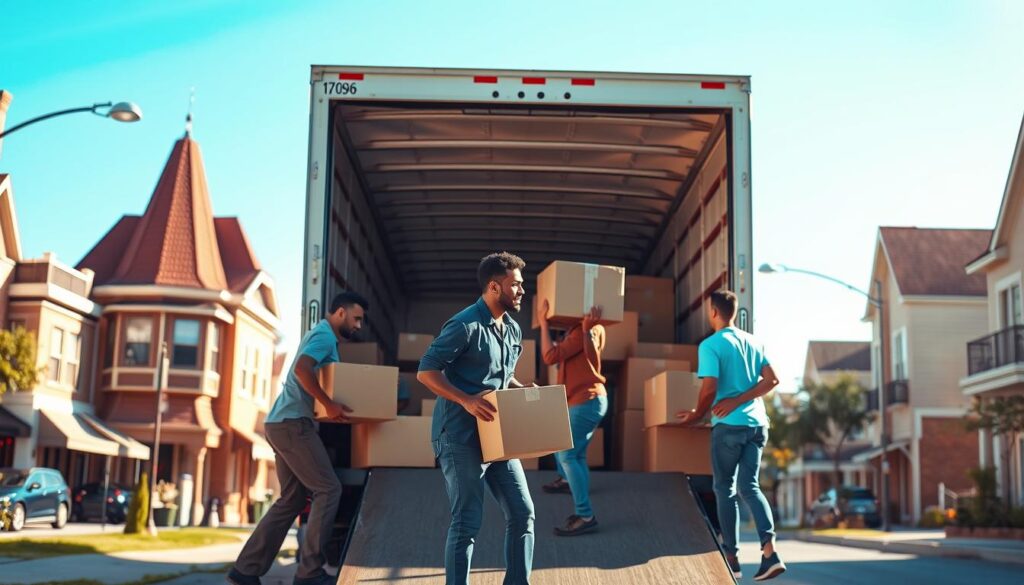 A vibrant and dynamic scene depicting local movers navigating through the streets of Austin to Taylor, Texas. In the foreground, a diverse team of movers, dressed in professional moving attire, is carefully loading a truck with boxes, showcasing their teamwork and efficiency. The middle ground reveals charming neighborhoods and local landmarks, hinting at the unique character of both Austin and Taylor. In the background, a clear blue sky brightens the scene, with soft sunlight casting elongated shadows, emphasizing the warmth of a sunny day. The atmosphere feels energetic and focused, capturing the essence of local expertise and the commitment to timely service. The image should have a slight depth of field to draw attention to the movers while maintaining the context of the surroundings.