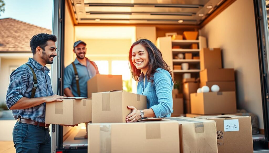 A vibrant and professional scene depicting full-service moving options. In the foreground, three friendly movers in smart casual attire are efficiently packing boxes and loading a modern moving truck, showcasing teamwork and organization. In the middle ground, a spacious and organized home interior is partially shown, highlighting well-labeled boxes and packing materials, suggesting a smooth moving process. The background features a sunlit driveway and a bright blue sky, evoking a cheerful atmosphere. The image is captured from a slightly elevated angle to provide depth and clarity, with soft natural lighting enhancing the overall warmth. The mood conveys reliability, efficiency, and a sense of comfort as families transition to their new homes.