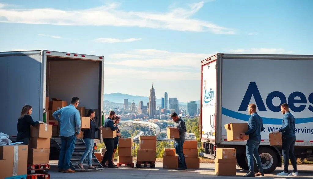 A vibrant moving service area featuring a diverse team of professional movers in business attire in the foreground, carefully loading boxes into a large, branded moving truck. In the middle ground, an expansive view of Austin’s skyline is visible, showcasing iconic landmarks such as the Texas State Capitol and the Austin skyline. In the background, rolling hills and greenery suggest the surrounding areas leading to Edinburg, with a clear blue sky overhead. Soft, warm lighting enhances the atmosphere of diligence and cooperation, while a wide-angle perspective captures both the bustling activity and the scenic beauty of the locations served. The scene conveys a sense of reliability and community engagement, ideal for representing long-distance moving services.