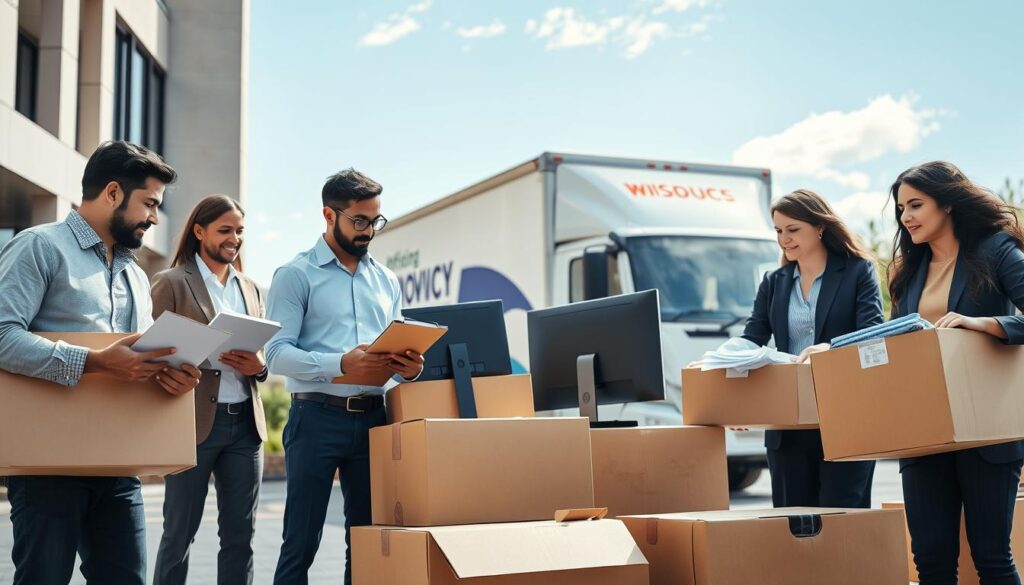 A vibrant office relocation scene depicting a busy moving day. In the foreground, a group of diverse professionals in business attire (men and women) are carefully packing office supplies into sturdy cardboard boxes. One individual is using a clipboard to take inventory, while another is carefully wrapping a computer monitor. The middle ground features a moving truck, branded with the logo of a moving company, parked near the entrance of a modern office building. In the background, a sunny day with clear blue skies contrasts with the hustle and bustle of the relocation process. Soft lighting enhances the atmosphere, creating a sense of organization and efficiency in the air, emphasizing a stress-free local moving experience. A vibrant office relocation scene depicting a busy moving day. In the foreground, a group of diverse professionals in business attire (men and women) are carefully packing office supplies into sturdy cardboard boxes. One individual is using a clipboard to take inventory, while another is carefully wrapping a computer monitor. The middle ground features a moving truck, branded with the logo of a moving company, parked near the entrance of a modern office building. In the background, a sunny day with clear blue skies contrasts with the hustle and bustle of the relocation process. Soft lighting enhances the atmosphere, creating a sense of organization and efficiency in the air, emphasizing a stress-free local moving experience.