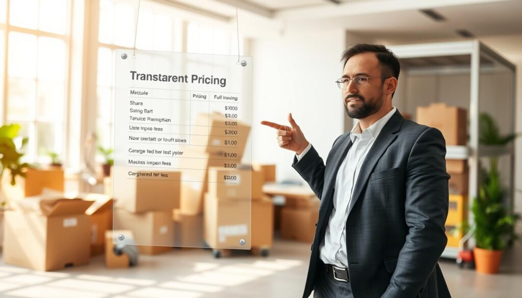 A visually clear and engaging scene depicting transparent pricing in the context of moving services. In the foreground, a professional-looking moving consultant in a crisp business attire stands confidently, pointing at a large, transparent sheet with clear, itemized pricing displayed, indicating no hidden fees. The middle ground features boxes and moving supplies, arranged neatly to suggest organization and efficiency. In the background, a bright and airy office environment with large windows provides natural lighting, creating a warm, inviting atmosphere. Use a 35mm lens perspective to ensure focus on the consultant and pricing sheet, with a depth of field that softly blurs the moving supplies. The mood is informative and reassuring, emphasizing the clarity and straightforwardness of the pricing.