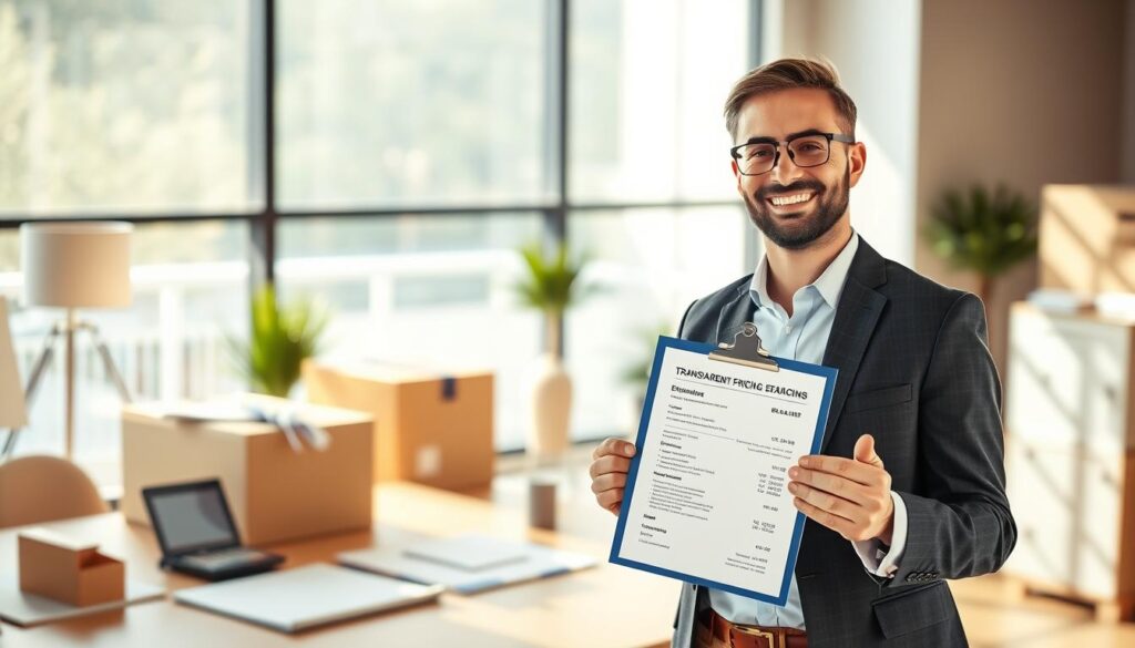 A visually engaging illustration of transparent pricing in the moving industry. In the foreground, a friendly moving consultant, dressed in professional attire, smiles as they present a clipboard with detailed pricing estimates. The middle ground features a well-organized desk with various moving documents, calculator, and a transparent pricing chart that emphasizes clarity and accuracy. In the background, a bright, modern office setting with large windows letting in natural light creates an inviting atmosphere. The lighting is warm and welcoming, highlighting the sense of trust and peace of mind. The overall mood is professional yet friendly, showcasing transparency and reliability in the moving process, without any distractions like text or watermarks.