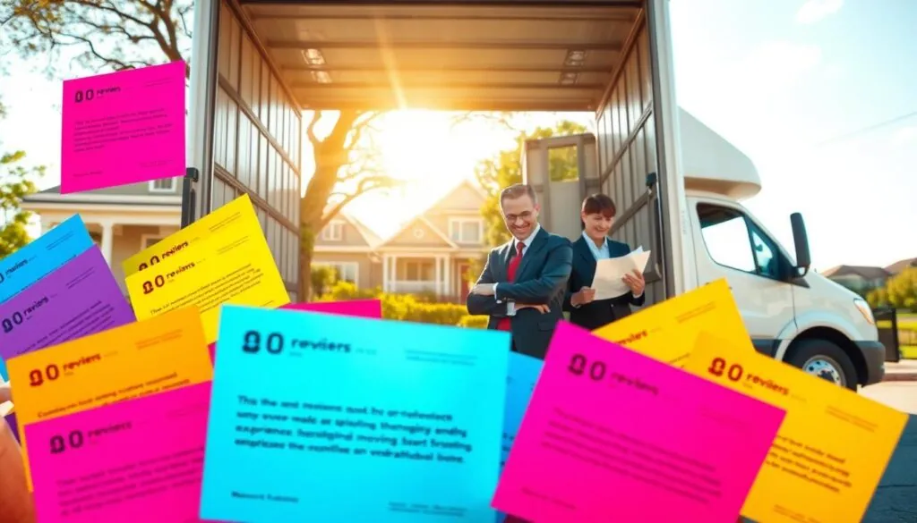 A visually engaging scene depicting a collection of vibrant, colorful customer reviews related to moving services, artistically arranged as floating papers or screens in the foreground. The middle layer features a cheerful, professional team of movers in smart business attire, showing enthusiasm and friendliness as they read and respond to reviews. In the background, a sunny, welcoming image of a moving truck parked in front of a picturesque Austin neighborhood symbolizes reliability and adventure. Bright, natural lighting spills through, creating an uplifting atmosphere. The camera angle is slightly tilted upwards from the foreground, emphasizing the importance of customer feedback and the positive reputation of the moving company. The overall mood is optimistic and trustworthy, inviting viewers to see the value of customer experiences.