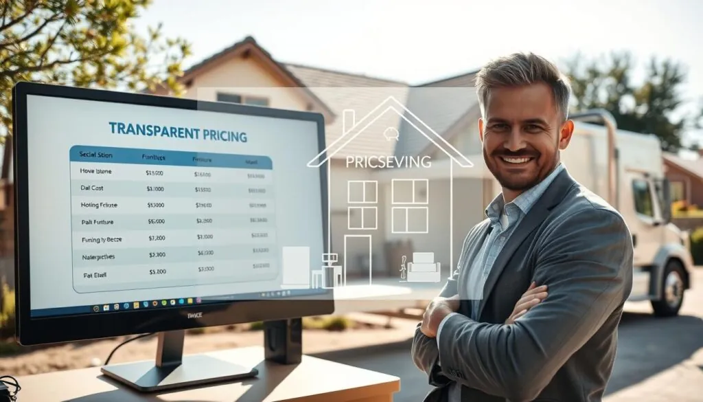 A visually engaging scene depicting "transparent pricing" in a professional moving context. In the foreground, a friendly moving consultant wearing professional attire stands beside a computer displaying a clear, itemized pricing breakdown on the screen. The middle ground features a large, transparent overlay of a house showing different moving costs associated with various items, like furniture and boxes. In the background, a moving truck is parked outside a charming Hill Country home under a bright, sunny sky, emphasizing a welcoming atmosphere. Soft natural lighting casts gentle shadows, creating a warm, inviting mood. The angle captures both the moving consultant and the view of the house, highlighting the theme of clear and honest pricing practices.