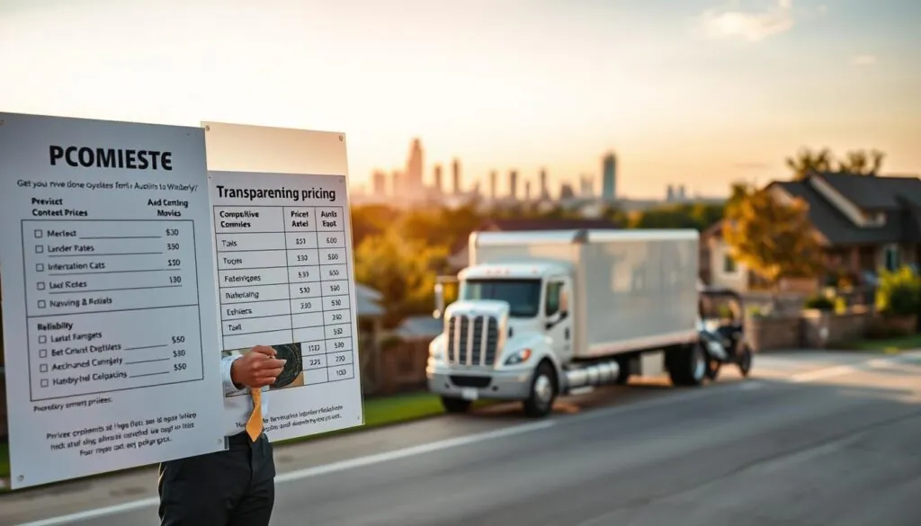 A visually engaging scene depicting "transparent pricing" in the context of a moving company. In the foreground, a professional moving consultant in business attire stands beside a clear price breakdown chart, showcasing competitive rates and services. The middle section features a moving truck parked outside a cozy home, emphasizing reliability. In the background, a picturesque view of Austin's skyline blends into the horizon, symbolizing the journey from Austin to Wimberley. Warm, natural lighting enhances the inviting atmosphere, while soft shadows add depth. The image should convey a sense of clarity and trust, with an optimistic mood, reflecting the ease of getting fast quotes and understanding costs. Focus on a clear, well-composed image to illustrate the concept effectively.