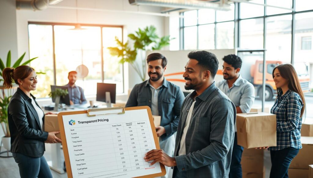A visually engaging scene illustrating "transparent pricing" for a moving company. In the foreground, a diverse team of professional movers in smart casual attire, discussing a clear pricing chart displayed on a clipboard, with smiles reflecting trust and professionalism. In the middle, a modern office space filled with natural light, featuring a large window overlooking a vibrant Austin neighborhood, and a desk with a computer showcasing detailed service options. In the background, elements symbolizing moving services, such as boxes and a moving truck parked outside, create context and depth. Soft, warm lighting adds an inviting atmosphere, with a slight focus on the pricing chart to emphasize transparency and clarity in their services.