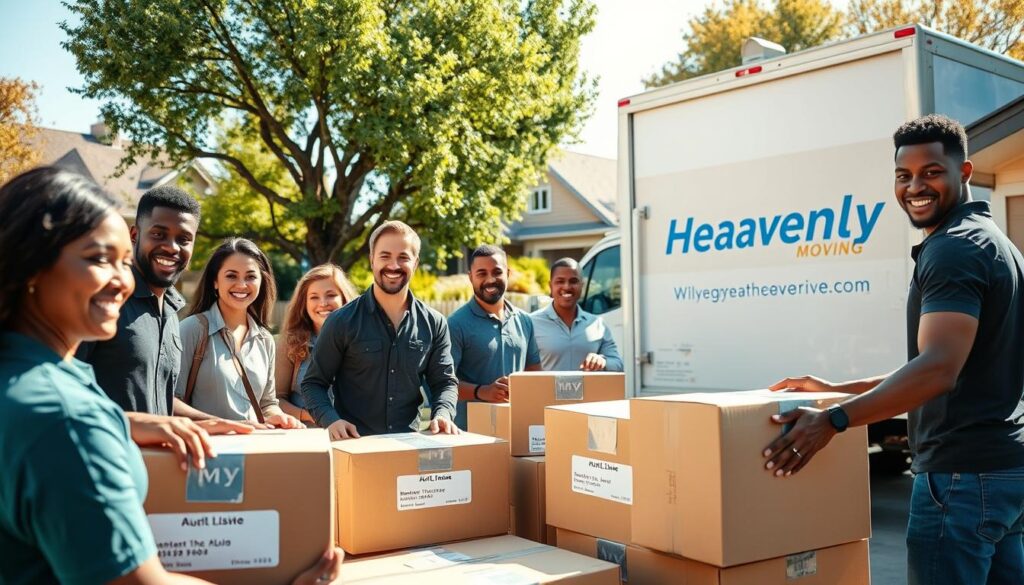 A warm, inviting scene featuring a diverse team of professional movers from Heavenly Moving, showcasing their dedication and teamwork. In the foreground, smiling movers in smart casual attire are carefully packing boxes labeled with a homeowner's contact information. The middle ground shows a bright, well-maintained moving truck with the Heavenly Moving logo parked outside a charming Austin home. In the background, a vibrant neighborhood filled with lush trees and clear blue skies conveys a sense of community. The lighting is soft and natural, highlighting the movers’ friendly expressions and creating an uplifting atmosphere. Capture this moment from a slightly elevated angle to emphasize the team's collaboration and professionalism, evoking a sense of trust and reliability in the moving process.