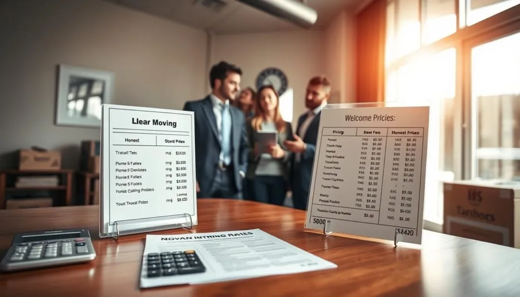A welcoming office environment, showcasing a polished wooden desk with a clear pricing list prominently displayed. The list features straightforward, honest rates without hidden fees. In the foreground, a calculator and a set of moving boxes artistically arranged, signaling the moving industry. In the middle, a professional in business attire, actively explaining the pricing details to a couple, exuding trust and transparency. The background highlights a large window with natural light pouring in, casting gentle shadows, and ensuring a bright, inviting atmosphere. The mood conveys professionalism and reliability, emphasizing a stress-free experience for customers considering moving services. The angle captures the scene from slightly above, providing a clear view of both the desk and the ongoing conversation.