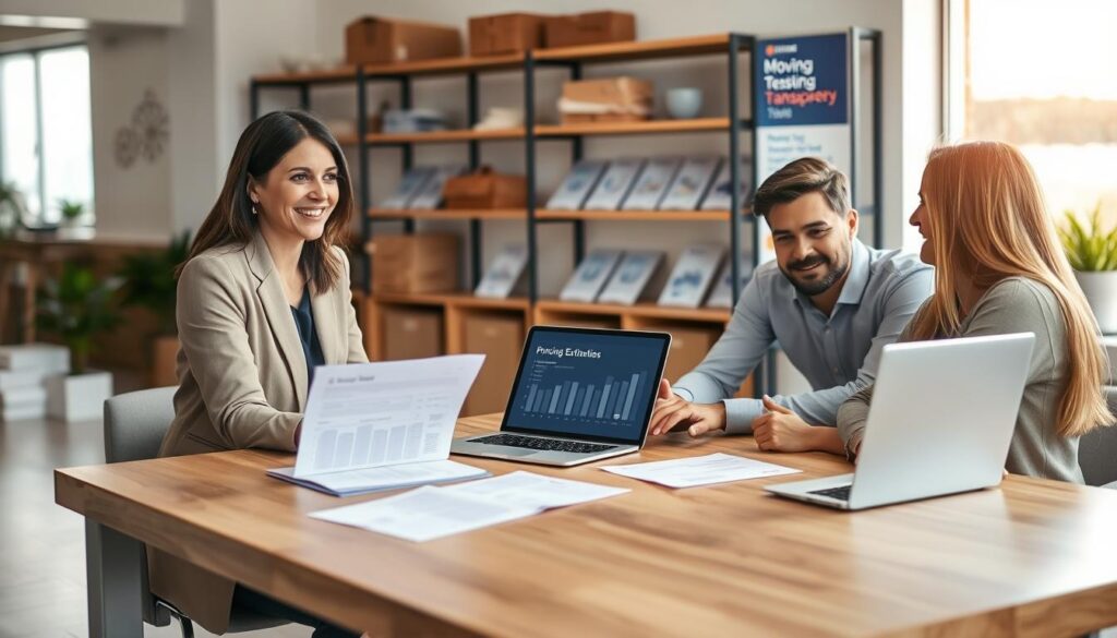 A welcoming office environment showcasing a professional consultation on moving estimates. In the foreground, a smiling businesswoman in a smart casual outfit discusses with a young couple, who appear engaged and curious. They are seated at a sleek wooden table covered with neatly organized documents and a laptop displaying a clear pricing chart. In the background, a large window lets in soft, natural light, creating an inviting atmosphere. Shelves lined with moving supplies and brochures about pricing transparency add depth. The scene conveys trust, professionalism, and clarity, with warm tones and a focus on collaboration. Capture this in a bright, well-lit setting with a slight depth of field to emphasize the subjects while softly blurring the surroundings.