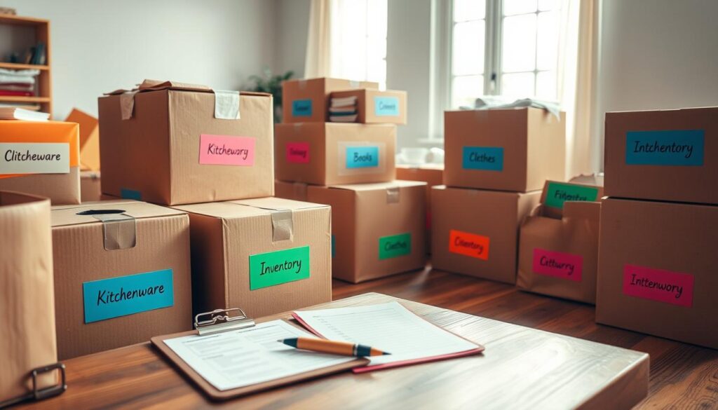 A well-organized and vibrant moving scene capturing various boxes labeled for inventory, arranged neatly in a well-lit, spacious room. In the foreground, focus on several large cardboard boxes with clear, colorful labels indicating their contents—items like kitchenware, books, and clothes. In the middle ground, include a sturdy wooden table where a clipboard and a pen are placed, showing a detailed inventory list. The background features a window with soft, natural light pouring in, enhancing the cozy atmosphere. The overall mood is organized and proactive, emphasizing preparation and efficiency. Use a slight overhead angle to provide a comprehensive view of the labeled boxes and inventory setup, showcasing a planned and thoughtful moving strategy.