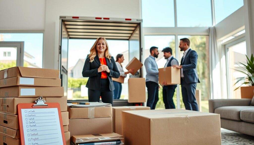 A well-organized moving day scene set in a bright and airy living room, showcasing various tips for a smooth transition. In the foreground, a neatly stacked pile of moving boxes labeled with colorful markers, next to a clipboard with a checklist. In the middle, a group of three diverse individuals, including a confident woman in smart casual clothing and two men in professional attire, cooperating to load items into a moving truck parked outside a large window. The background features a sunny outdoor view of a suburban neighborhood with a blue sky and trees. Soft, natural light pours in, creating an optimistic and productive atmosphere, conveying a sense of teamwork and organization. A well-organized moving day scene set in a bright and airy living room, showcasing various tips for a smooth transition. In the foreground, a neatly stacked pile of moving boxes labeled with colorful markers, next to a clipboard with a checklist. In the middle, a group of three diverse individuals, including a confident woman in smart casual clothing and two men in professional attire, cooperating to load items into a moving truck parked outside a large window. The background features a sunny outdoor view of a suburban neighborhood with a blue sky and trees. Soft, natural light pours in, creating an optimistic and productive atmosphere, conveying a sense of teamwork and organization.