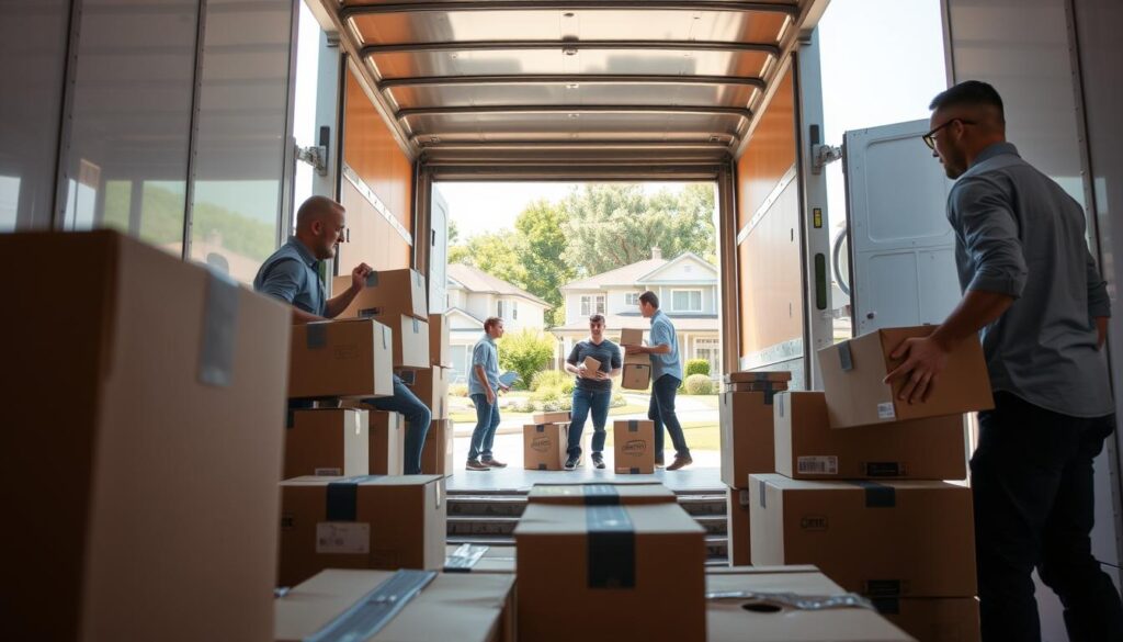A well-organized moving process in action, featuring a professional team of movers dressed in smart, casual attire, efficiently packing boxes and loading them into a clean, organized moving truck. In the foreground, detailed close-up of neatly labeled boxes and packing materials, conveying preparation and care. The middle ground showcases the movers collaborating, illustrating teamwork and efficiency, with a large, open doorway revealing a bright, sunny day outside. The background highlights a suburban neighborhood with charming houses, reflecting a sense of community. Bright, natural lighting enhances the positive atmosphere, while a slight angle captures the dynamic action of the moving day, promoting a feeling of trust and professionalism in the moving experience.