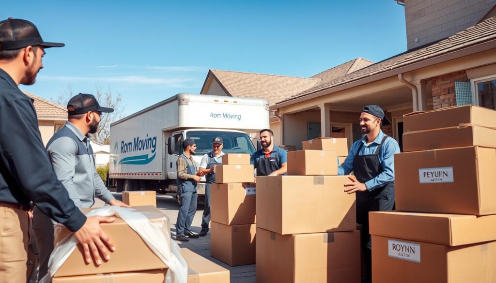 A well-organized moving process scene, showcasing a professional moving team in smart uniforms, efficiently packing boxes at a cozy home in Austin. The foreground features a diverse group of movers carefully wrapping furniture and stacking boxes labeled with destinations. In the middle, a moving truck with the company logo is parked, ready for loading, while a friendly customer discusses details with a team leader. In the background, a clear blue sky indicates an ideal day for moving, with sunlight casting soft shadows. The setting should evoke a sense of trust and professionalism, emphasizing the smooth transition from one home to another. Use a warm, inviting color palette and a slightly elevated angle to capture the action dynamically. A well-organized moving process scene, showcasing a professional moving team in smart uniforms, efficiently packing boxes at a cozy home in Austin. The foreground features a diverse group of movers carefully wrapping furniture and stacking boxes labeled with destinations. In the middle, a moving truck with the company logo is parked, ready for loading, while a friendly customer discusses details with a team leader. In the background, a clear blue sky indicates an ideal day for moving, with sunlight casting soft shadows. The setting should evoke a sense of trust and professionalism, emphasizing the smooth transition from one home to another. Use a warm, inviting color palette and a slightly elevated angle to capture the action dynamically.