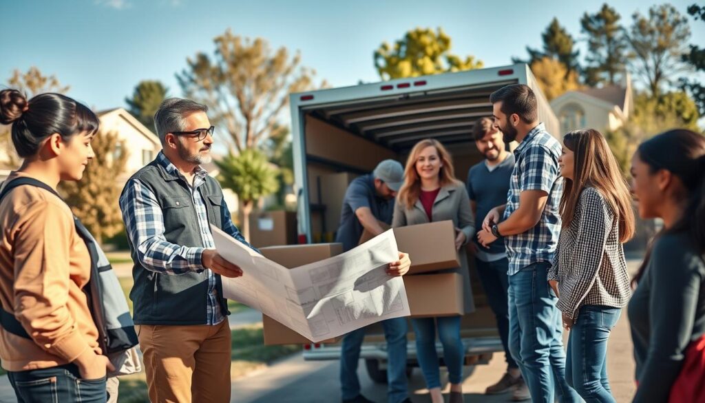 A well-organized moving process scene, showing a diverse team of professional movers in smart casual clothing, actively guiding a family through their long-distance move. In the foreground, one mover is discussing plans with the family, pointing towards a map or checklist. The middle ground features a well-packed moving truck, with boxes labeled and organized, ready for transport. In the background, a suburban neighborhood with trees and a clear blue sky sets a reassuring tone. Soft, warm lighting bathes the scene, creating an inviting atmosphere, while a slight depth of field focuses on the interaction between the movers and the family, emphasizing the guided process. The overall mood is friendly and professional, conveying efficiency and teamwork.