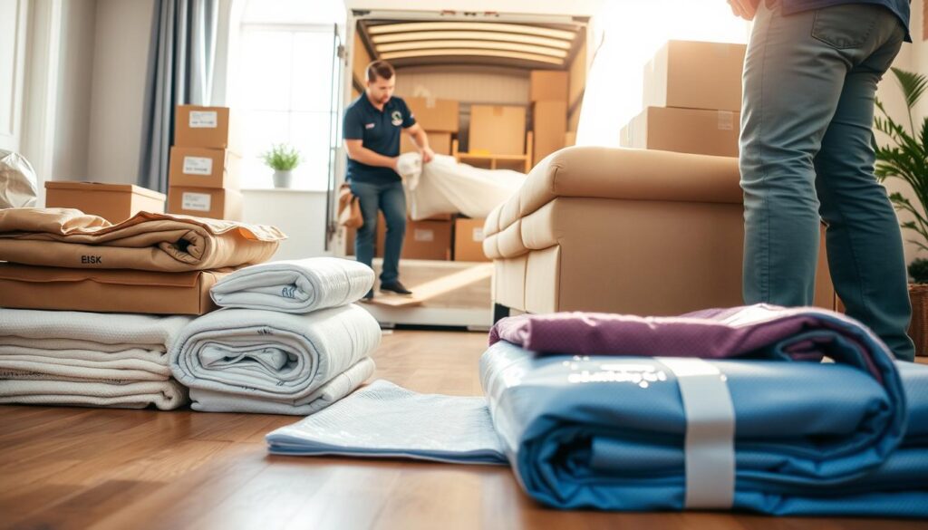 A well-organized moving scene capturing "Move-Day Protection" supplies in an Austin residential setting. In the foreground, a selection of moving supplies, including sturdy moving blankets, bubble wrap, and floor protection pads, are neatly arranged on a wooden floor. The middle ground features a professional mover, dressed in a branded polo shirt and work pants, carefully wrapping a delicate piece of furniture in thick padding. In the background, a partially open moving truck reveals packed boxes labeled for easy identification. Soft, natural daylight streams through a nearby window, casting gentle shadows and emphasizing a calm, organized atmosphere. The scene conveys a sense of preparedness and professionalism, highlighting the importance of protecting belongings during relocation. A well-organized moving scene capturing "Move-Day Protection" supplies in an Austin residential setting. In the foreground, a selection of moving supplies, including sturdy moving blankets, bubble wrap, and floor protection pads, are neatly arranged on a wooden floor. The middle ground features a professional mover, dressed in a branded polo shirt and work pants, carefully wrapping a delicate piece of furniture in thick padding. In the background, a partially open moving truck reveals packed boxes labeled for easy identification. Soft, natural daylight streams through a nearby window, casting gentle shadows and emphasizing a calm, organized atmosphere. The scene conveys a sense of preparedness and professionalism, highlighting the importance of protecting belongings during relocation.