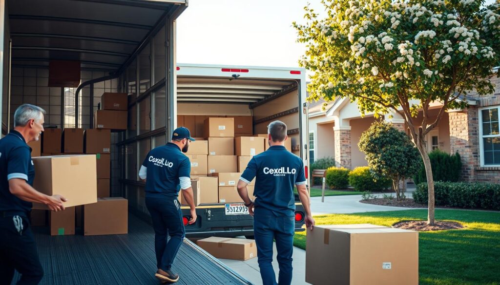 A well-organized moving truck outside a modern suburban home in Round Rock, Texas, during a bright, sunny morning. In the foreground, professional movers, dressed in smart casual attire with company logos, are efficiently loading boxes onto the truck, showcasing their organized approach. In the middle, the moving truck is partially open, displaying neatly packed boxes labeled with fragile symbols, indicating care in handling. The background features a welcoming neighborhood with green lawns and blooming trees, suggesting a friendly, stress-free environment. Soft, warm lighting enhances the scene, creating an inviting and lively atmosphere, emphasizing the concept of flexible scheduling and same-week availability for moving services. A well-organized moving truck outside a modern suburban home in Round Rock, Texas, during a bright, sunny morning. In the foreground, professional movers, dressed in smart casual attire with company logos, are efficiently loading boxes onto the truck, showcasing their organized approach. In the middle, the moving truck is partially open, displaying neatly packed boxes labeled with fragile symbols, indicating care in handling. The background features a welcoming neighborhood with green lawns and blooming trees, suggesting a friendly, stress-free environment. Soft, warm lighting enhances the scene, creating an inviting and lively atmosphere, emphasizing the concept of flexible scheduling and same-week availability for moving services.