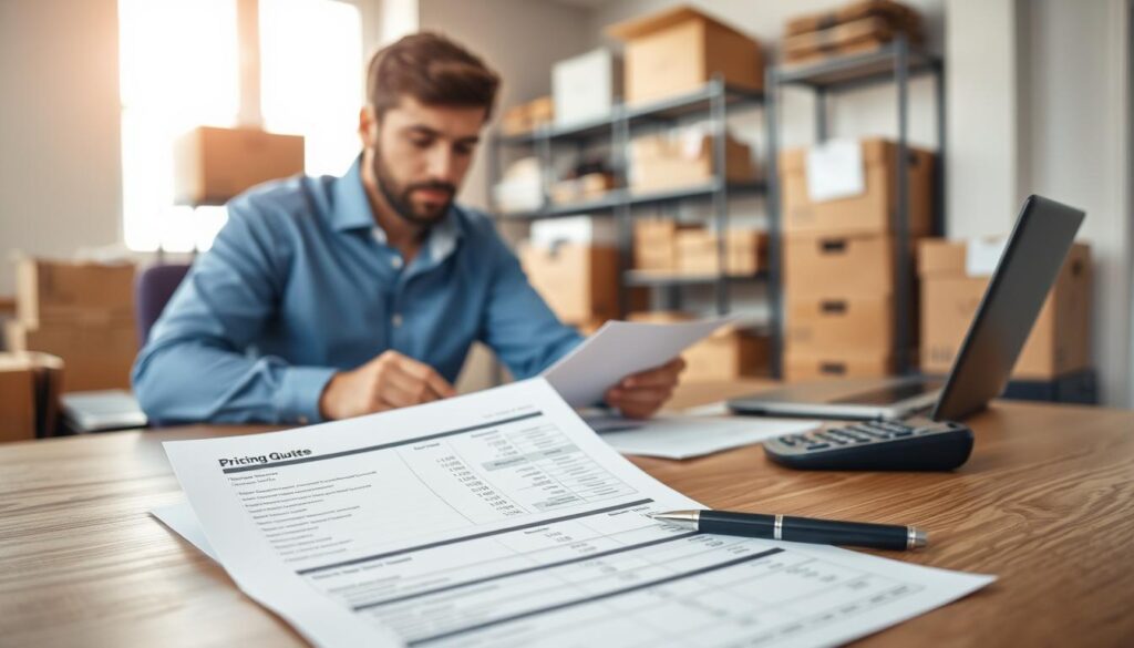 A well-organized office setting, focusing on a stylish wooden desk in the foreground adorned with a comprehensive pricing quote sheet with bullet points and numerical values. A calculator and a pen lie nearby, suggesting careful consideration. In the middle ground, a professional-looking individual, dressed in a crisp blue button-up shirt, analyzes documents with a thoughtful expression, embodying reliability and expertise. The background features a bright, inviting office atmosphere with a glowing light from a window and shelves filled with moving boxes and logistics materials, fostering a sense of trust. Soft natural lighting bathes the scene, creating a warm, welcoming mood that highlights professionalism and clarity in the moving service industry.