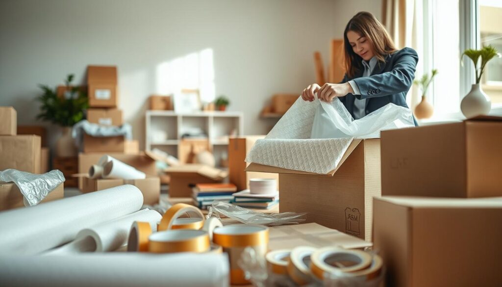 A well-organized packing scene in the foreground, featuring a variety of packing materials like bubble wrap, packing paper, cardboard boxes, and tape. A person in professional business attire is carefully wrapping fragile items with bubble wrap and placing them in a box, showcasing attention to detail. In the middle ground, assorted items such as kitchenware, books, and decorative pieces are partially packed yet neatly arranged, emphasizing a methodical approach to packing. The background depicts a bright and airy room with natural light streaming in through a window, casting soft shadows and creating a warm, inviting atmosphere. The overall mood is focused and organized, capturing the essence of professional packing for a move. The composition should have a slight depth of field, drawing attention to the packing process while giving context to the setting. A well-organized packing scene in the foreground, featuring a variety of packing materials like bubble wrap, packing paper, cardboard boxes, and tape. A person in professional business attire is carefully wrapping fragile items with bubble wrap and placing them in a box, showcasing attention to detail. In the middle ground, assorted items such as kitchenware, books, and decorative pieces are partially packed yet neatly arranged, emphasizing a methodical approach to packing. The background depicts a bright and airy room with natural light streaming in through a window, casting soft shadows and creating a warm, inviting atmosphere. The overall mood is focused and organized, capturing the essence of professional packing for a move. The composition should have a slight depth of field, drawing attention to the packing process while giving context to the setting.