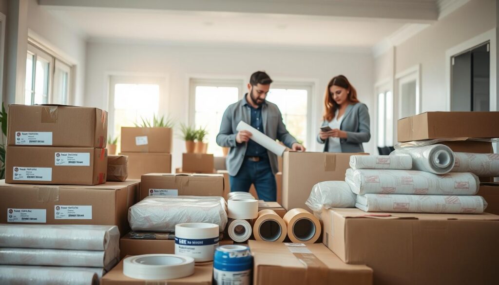 A well-organized packing station showcasing an array of full-service packing materials. In the foreground, neatly arranged boxes of various sizes, bubble wrap, packing tape, and stretch film, all labeled and displayed with care. In the middle ground, a team of two professional movers in smart casual attire is preparing materials for a residential move, with one person rolling bubble wrap while the other seals a box. The background features a bright, spacious room illuminated by soft natural light streaming through a large window, hinting at a suburban home. A few potted plants can be seen, adding a touch of warmth and homeliness to the scene. The atmosphere is inviting and professional, portraying a smooth and efficient packing process. A well-organized packing station showcasing an array of full-service packing materials. In the foreground, neatly arranged boxes of various sizes, bubble wrap, packing tape, and stretch film, all labeled and displayed with care. In the middle ground, a team of two professional movers in smart casual attire is preparing materials for a residential move, with one person rolling bubble wrap while the other seals a box. The background features a bright, spacious room illuminated by soft natural light streaming through a large window, hinting at a suburban home. A few potted plants can be seen, adding a touch of warmth and homeliness to the scene. The atmosphere is inviting and professional, portraying a smooth and efficient packing process.