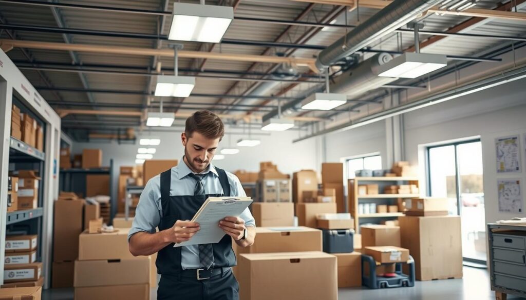 A well-organized storage facility interior, showcasing a variety of storage units filled with neatly stacked boxes and furniture. In the foreground, a professional mover, dressed in a smart uniform, is carefully labeling boxes with a checklist, conveying an air of efficiency. The middle ground features various storage units, some partially open to reveal their contents, illuminated by bright, soft ceiling lights that enhance the ambiance. In the background, there’s a management office with shelves of supplies and maps, suggesting careful planning for flexible scheduling. The overall atmosphere is calm and organized, highlighting security and reliability, with natural light filtering through large windows, creating a welcoming and dependable space for residential moving needs. A well-organized storage facility interior, showcasing a variety of storage units filled with neatly stacked boxes and furniture. In the foreground, a professional mover, dressed in a smart uniform, is carefully labeling boxes with a checklist, conveying an air of efficiency. The middle ground features various storage units, some partially open to reveal their contents, illuminated by bright, soft ceiling lights that enhance the ambiance. In the background, there’s a management office with shelves of supplies and maps, suggesting careful planning for flexible scheduling. The overall atmosphere is calm and organized, highlighting security and reliability, with natural light filtering through large windows, creating a welcoming and dependable space for residential moving needs.