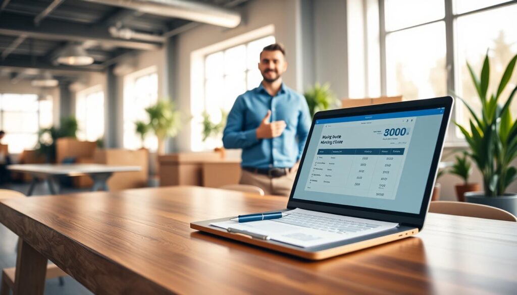 A well-organized workspace featuring a modern wooden desk in the foreground, with a stylish laptop displaying a moving quote in clear focus. On the desk, there’s a clipboard with an open notepad and a pen, symbolizing transparency in pricing. In the middle ground, a friendly, professional mover in a crisp blue shirt stands confidently, gesturing toward the laptop as if discussing the quote with a client. The background reveals a bright, airy office space filled with natural light pouring through large windows, along with potted plants for a welcoming atmosphere. The overall mood is collaborative and constructive, emphasizing trust and professionalism in the moving industry. Use soft, warm lighting to create a friendly environment, with a shallow depth of field to enhance the focus on the quote and the mover.